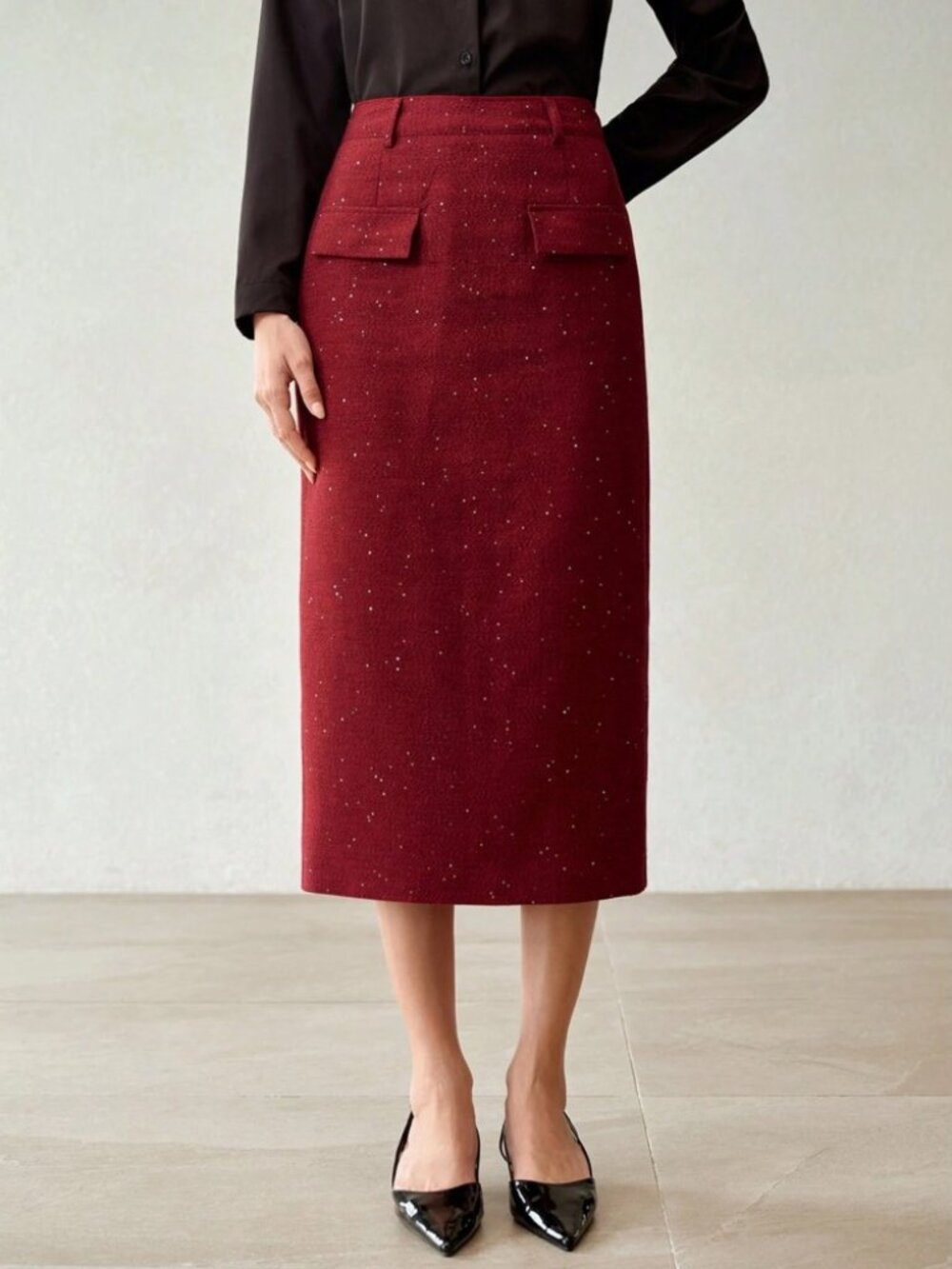 Burgundy Speckled Dotted Textured Flap Pocket Long Pencil Skirt
